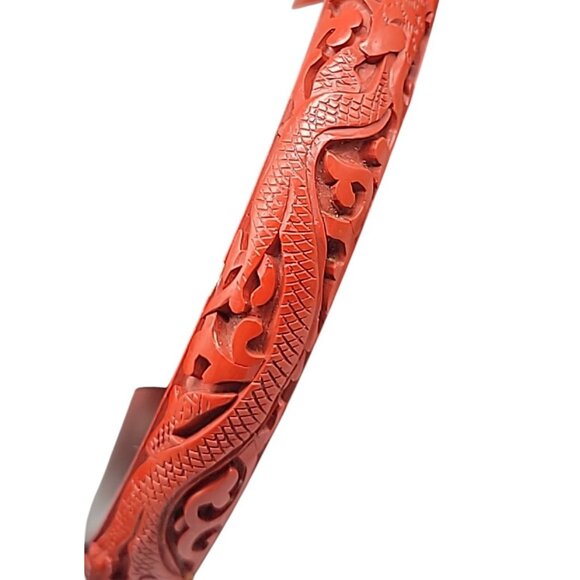 Carved Dragon & Floral Cinnabar Bangle Bracelet Scarlet Red Highly Detailed SZ8 - Picture 8 of 9
